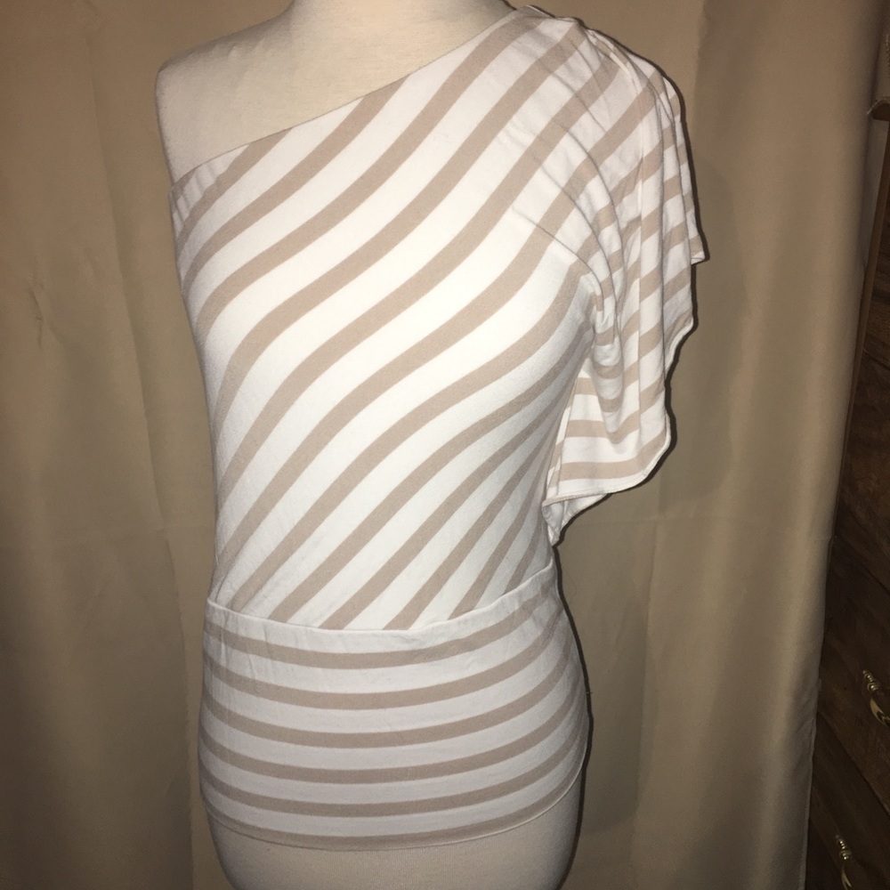White House‎ Black Market One Shoulder Stripe Top XXS Beige White